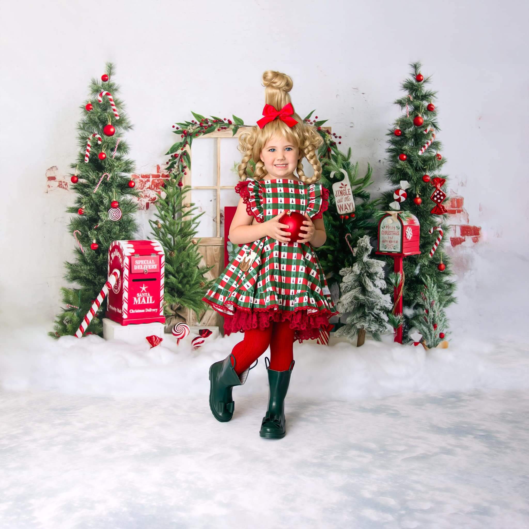 Kate Winter Christmas Tree Backdrop Snow Mailbox Designed by Emetselch - Kate Backdrop AU