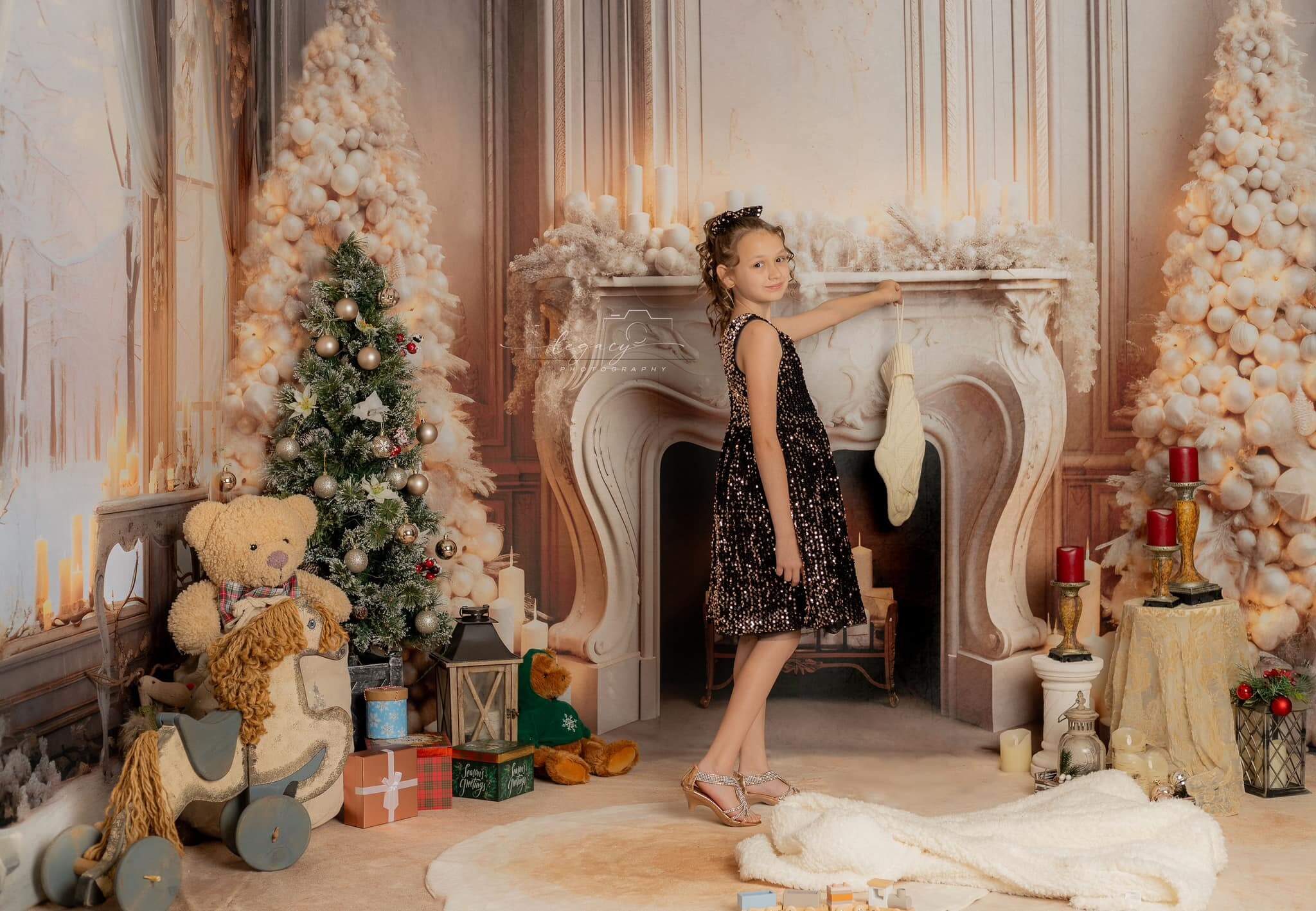 Kate White Elegant Christmas Fireplace Room Set(8ftx8ft&10ftx8ft&8ftx10ft) - Kate Backdrop AU