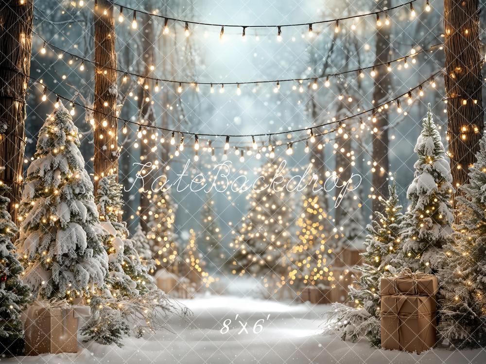 Kate Christmas Snowy Trees String Lights Forest Fleece Backdrop Designed by Emetselch
