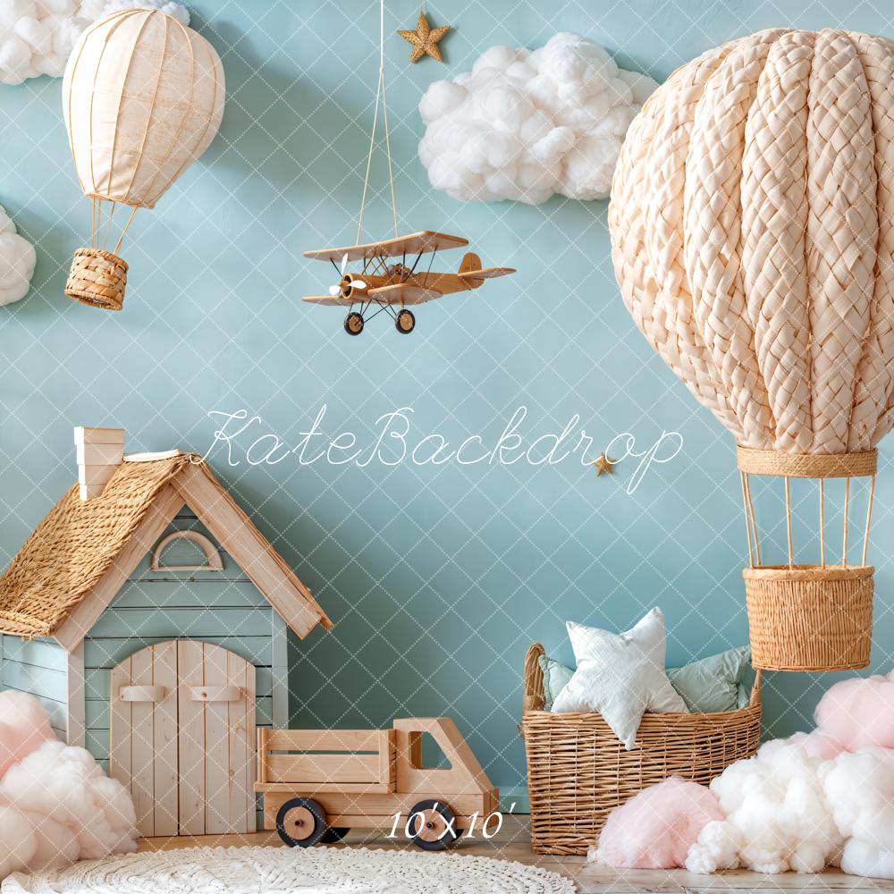 Kate Hot Air Balloon Aeroplane Cloud House Blue Backdrop Designed by Emetselch