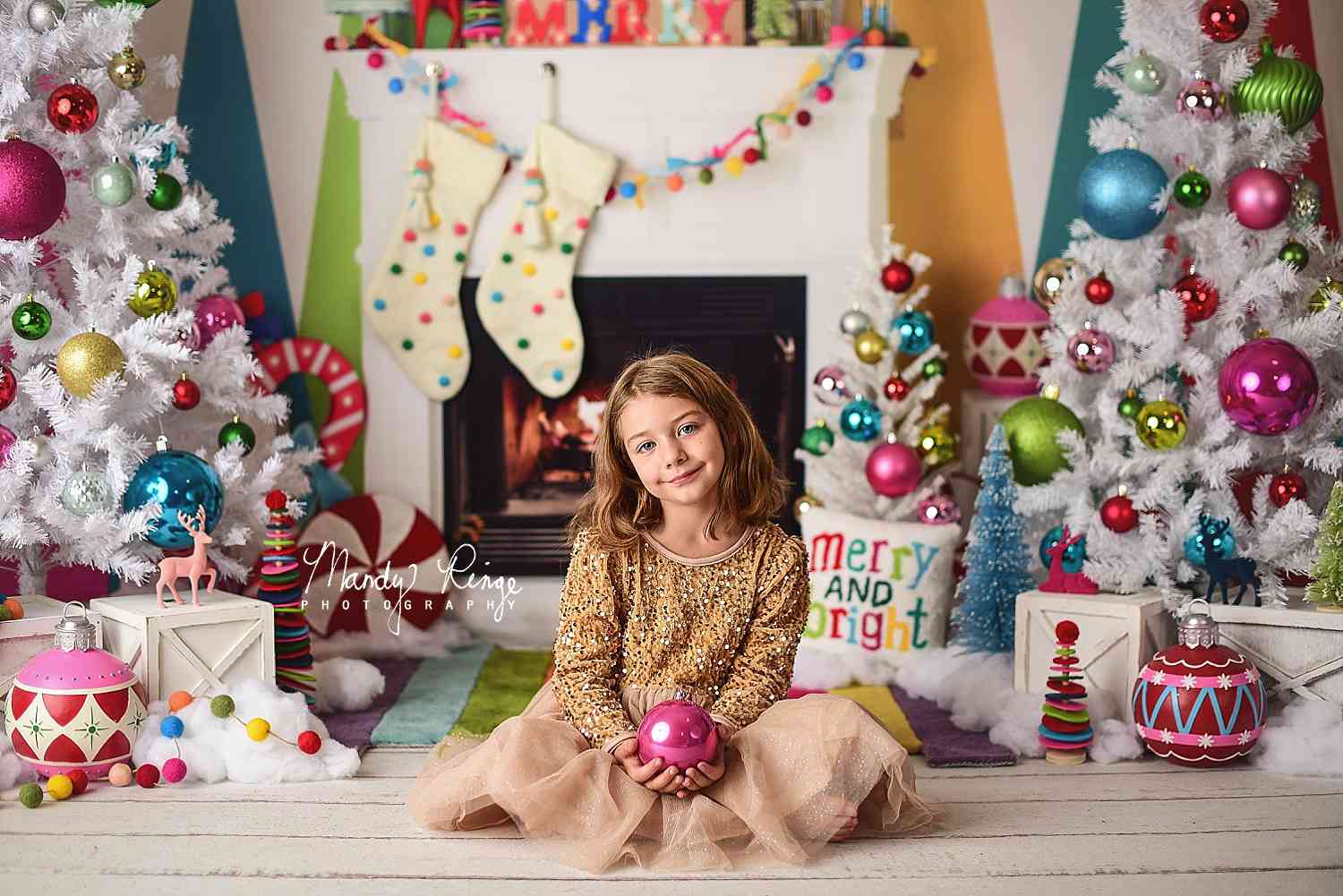 Kate Merry Bright Christmas Fireplace Backdrop Designed by Mandy Ringe Photography