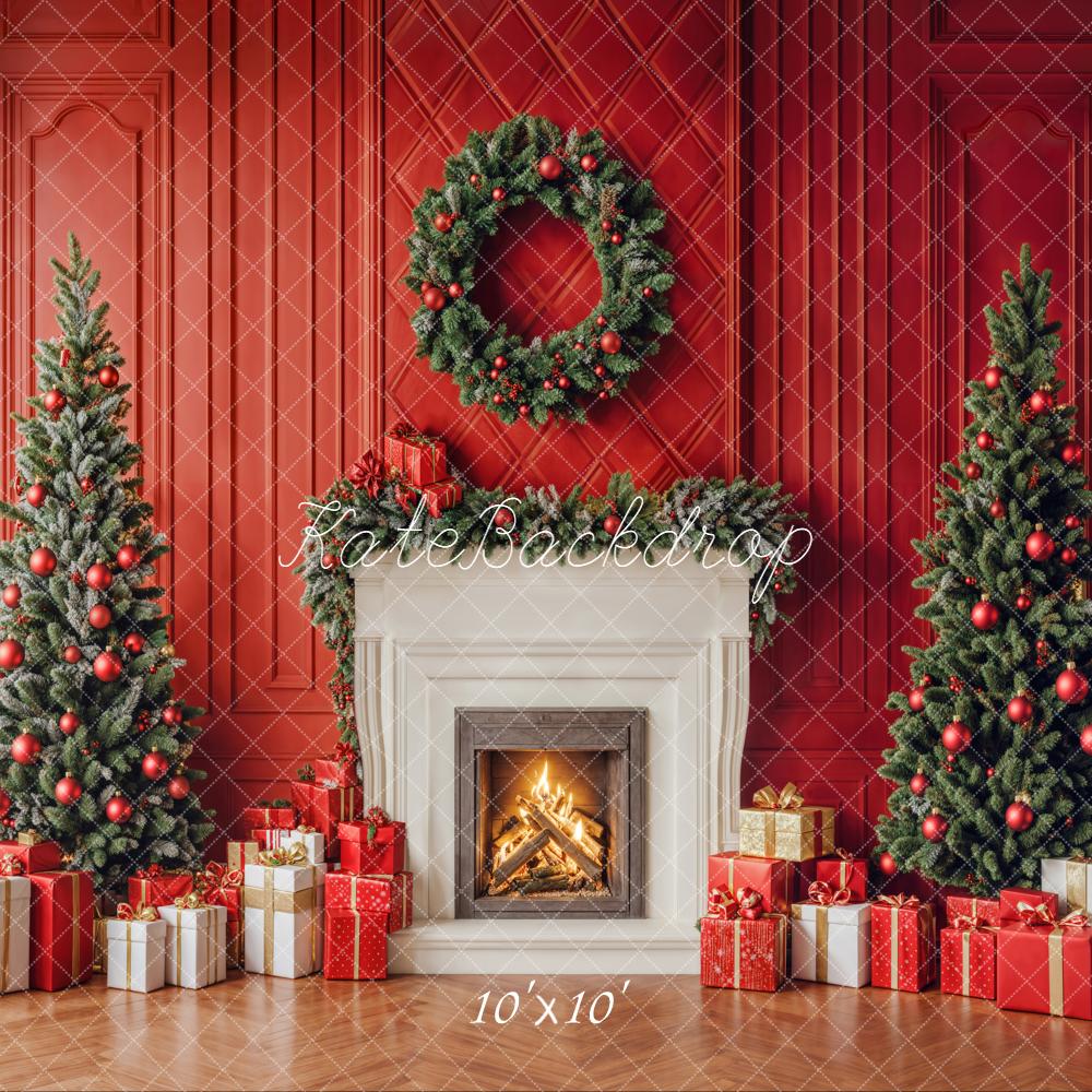 Kate Christmas Red Wall Fireplace Trees Gifts Backdrop Designed by Emetselch