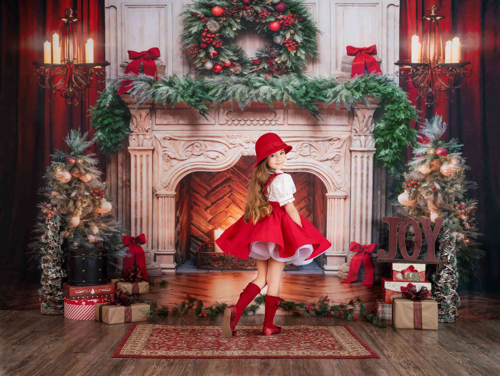 Kate Christmas Tree Fireplace Red Backdrop Designed by Emetselch - Kate Backdrop AU