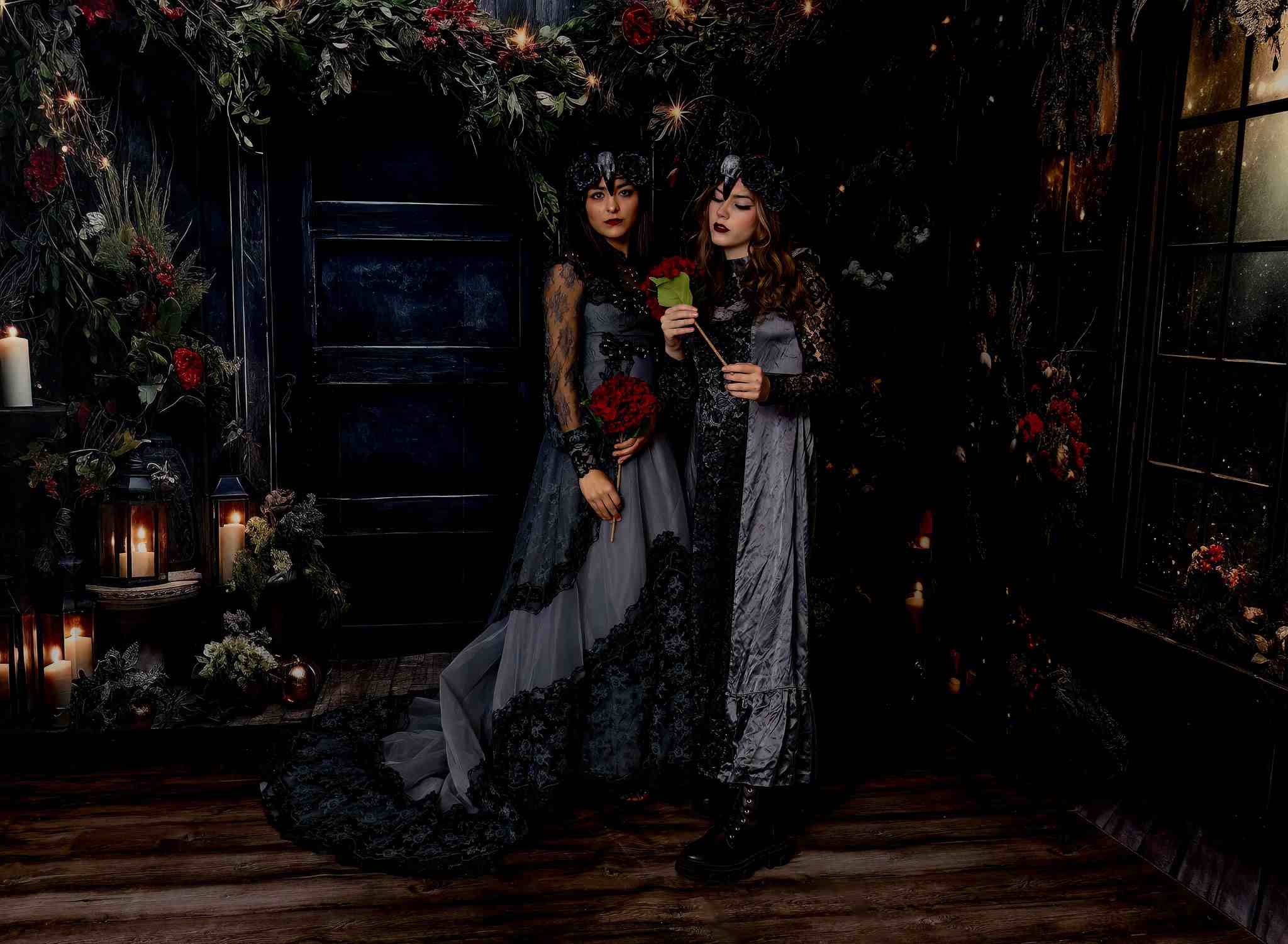 Kate Christmas Holly Window Door Black Room Set(8ftx8ft&10ftx8ft&8ftx10ft) - Kate Backdrop AU