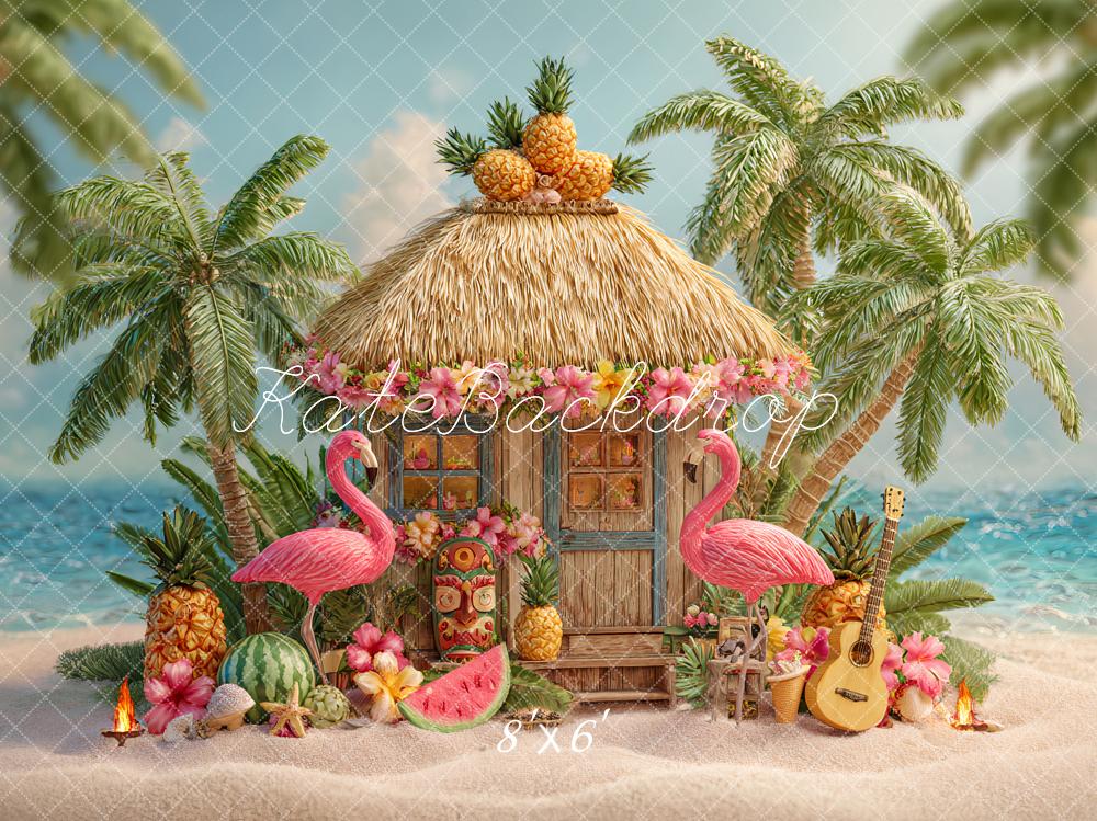 Kate Summer Tropical Hut Flamingos Fruit Backdrop Designed by Ashley Paul