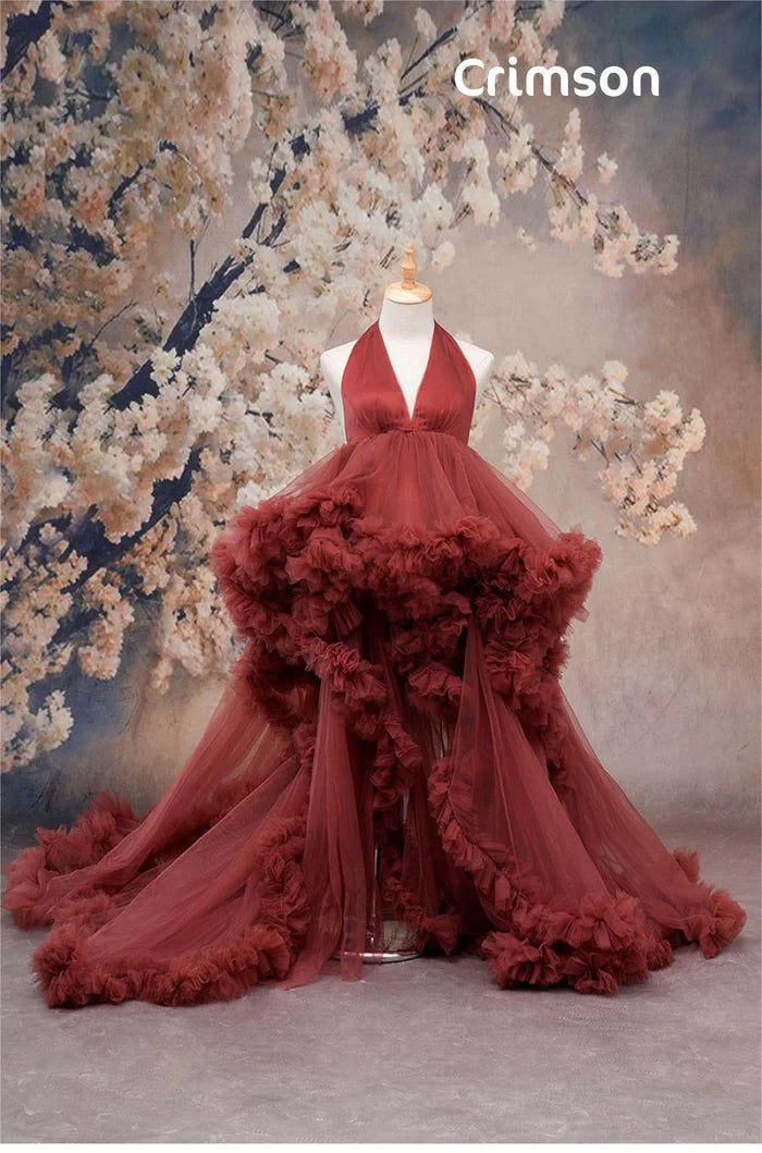 Kate One Shoulder Mesh Dress Maroon Crimson Maternity Photoshoot Dress - Kate Backdrop AU