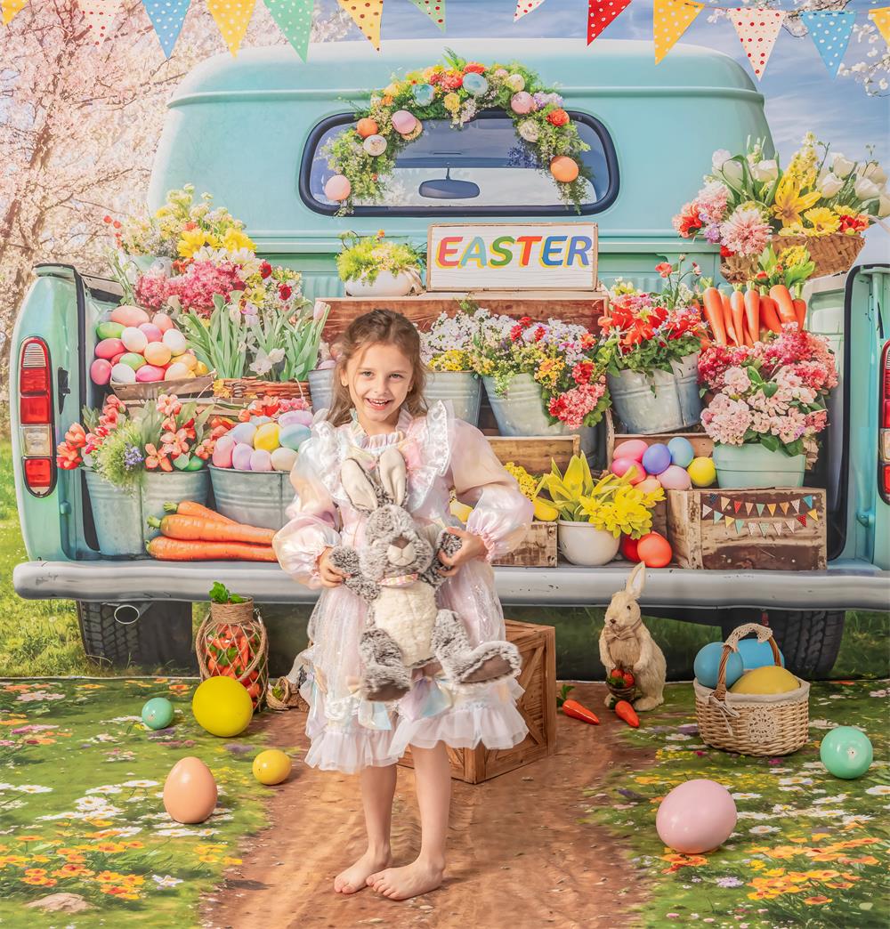 Kate Easter Truck Green Plant Backdrop+Spring Flowers Field Path Floor Backdrop - Kate Backdrop AU