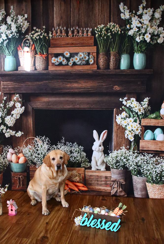 Kate Easter Fireplace Bunny Rustic Floral Backdrop Designed by Emetselch - Kate Backdrop AU