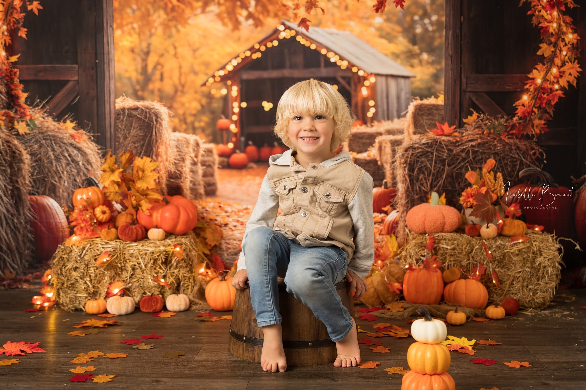 Kate Fall Pumpkin Backdrop Maple Leaf Straw Pile Thanksgiving Day Designed by Emetselch