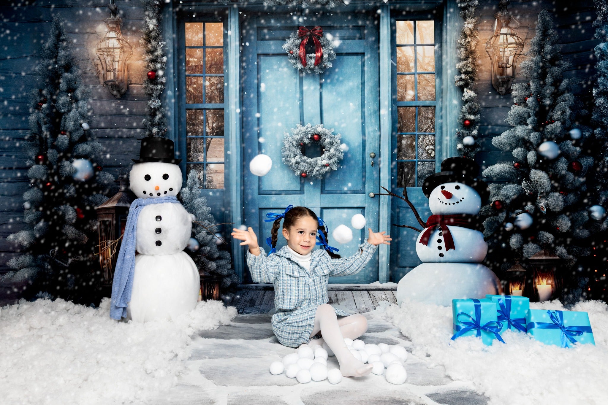 Kate Winter Snowy Blue Door Snowman Backdrop Designed by Chain Photography - Kate Backdrop AU