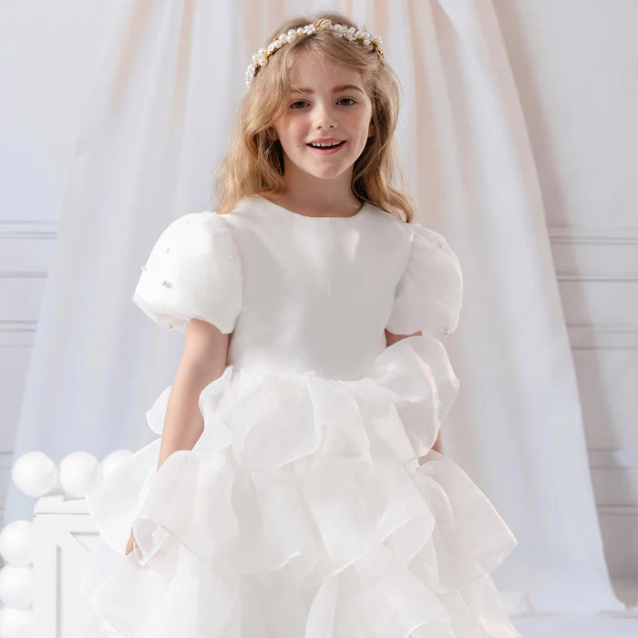 Kate Pure White Mesh Long Tail Children's Gown Dress with pearl hair band - Kate Backdrop AU