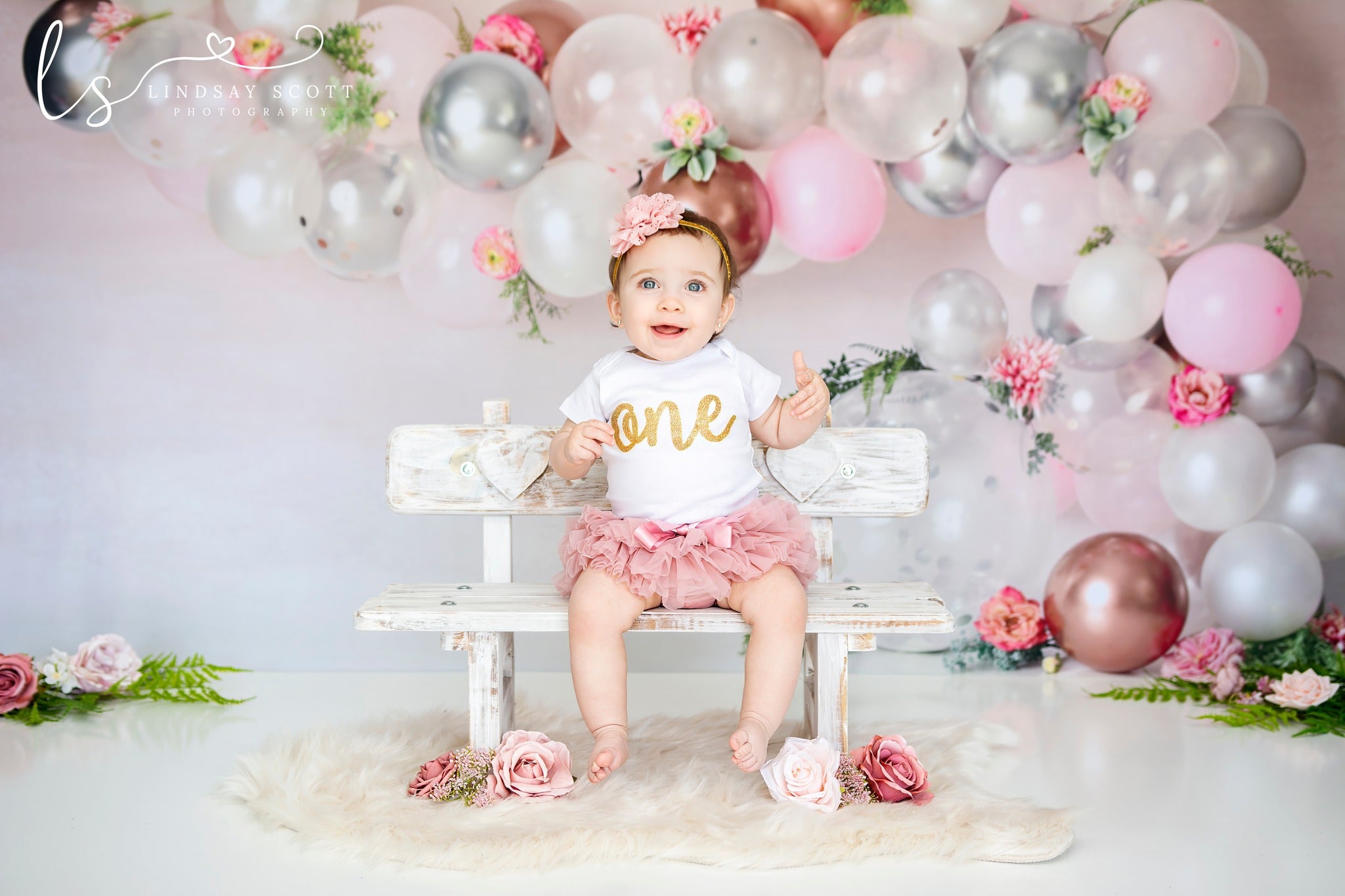 Kate Pink White and Rose Gold Floral Balloon Arch Backdrop Cake Smash Designed by Mandy Ringe Photography