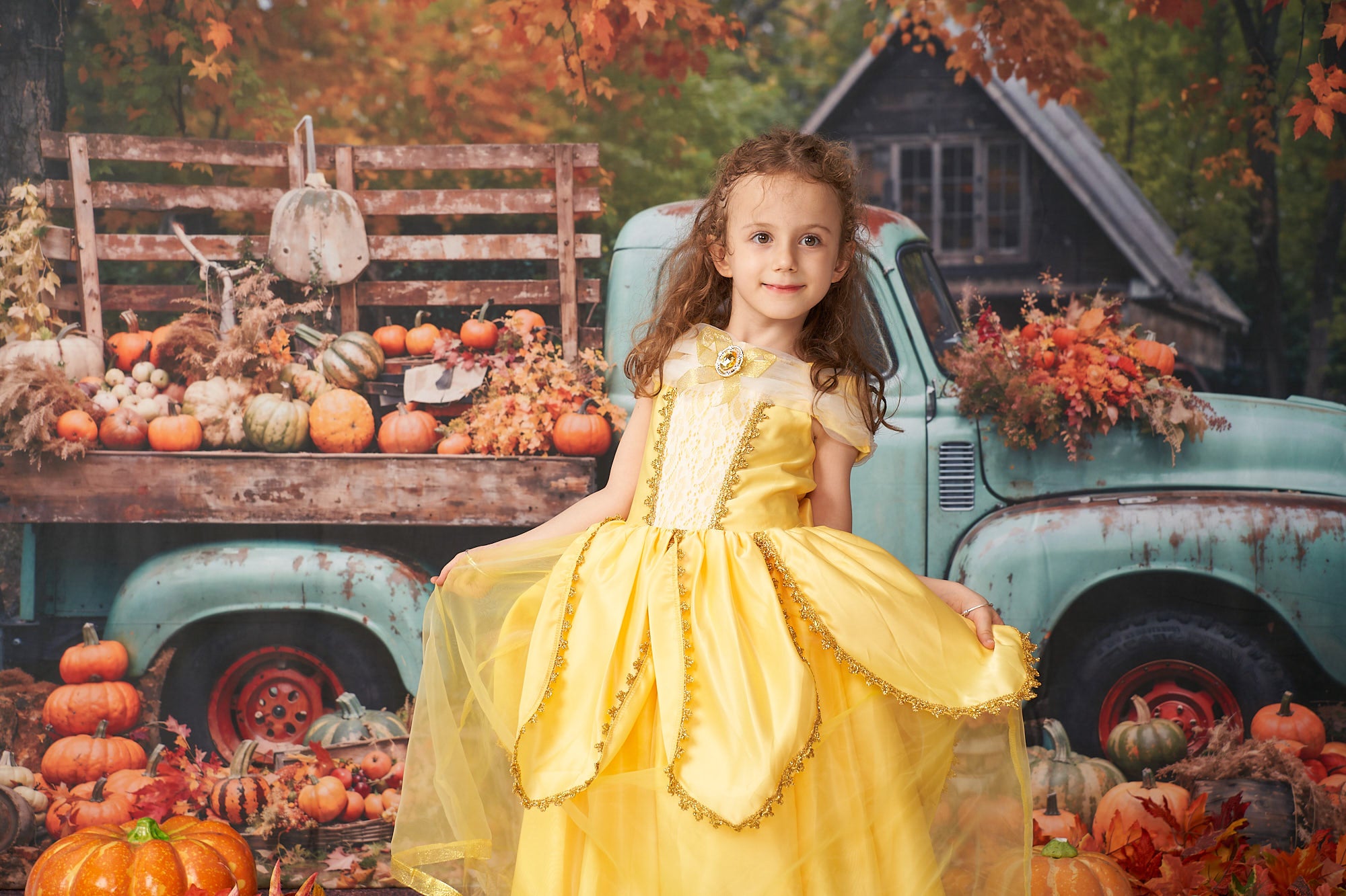 Kate Autumn Truck Backdrop Golden Leaves Old House Designed by Chain Photography - Kate Backdrop AU