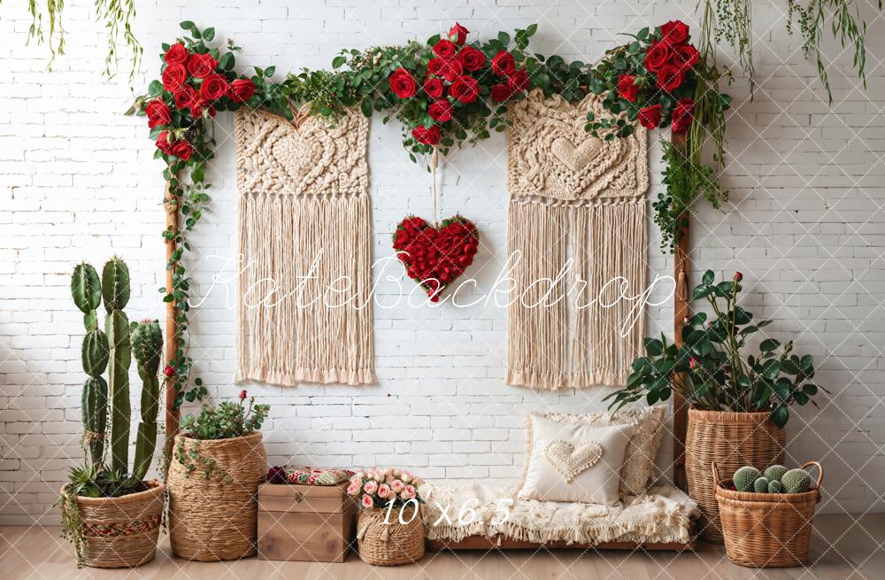 Kate Boho Macrame Red Roses Cactus Fleece Backdrop Designed by Emetselch