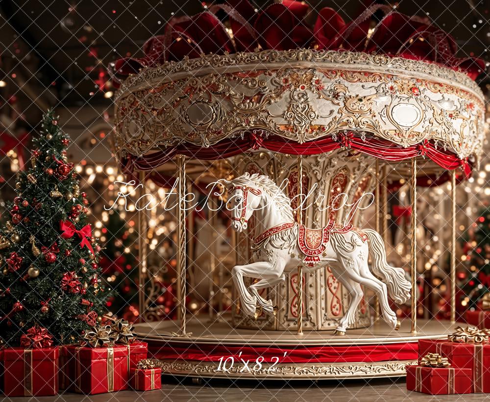 Kate Carousel Christmas Tree Presents Fleece Backdrop Designed by Emetselch