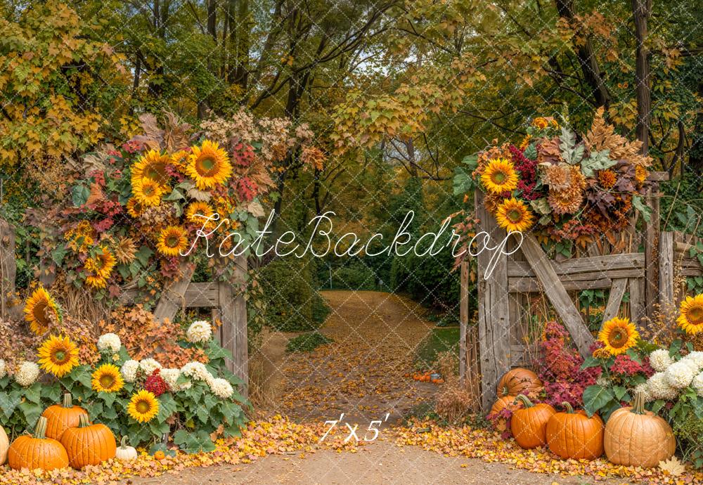 Kate Autumn Sunflowers Pumpkins Rustic Fence Backdrop Designed by Emetselch