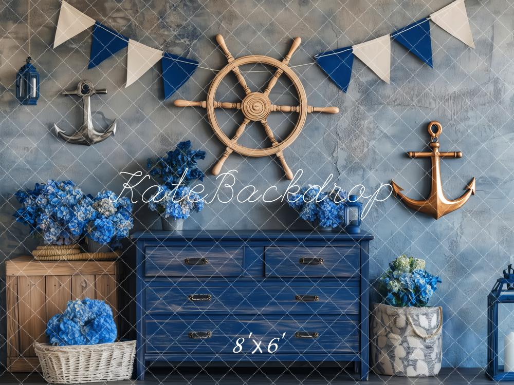 Kate Nautical Ship Wheel Anchors Blue Decor Backdrop Designed by Patty Roberts