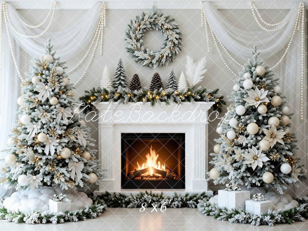 Kate Christmas Fireplace Snowy Trees Backdrop Designed by Mini MakeBelieve