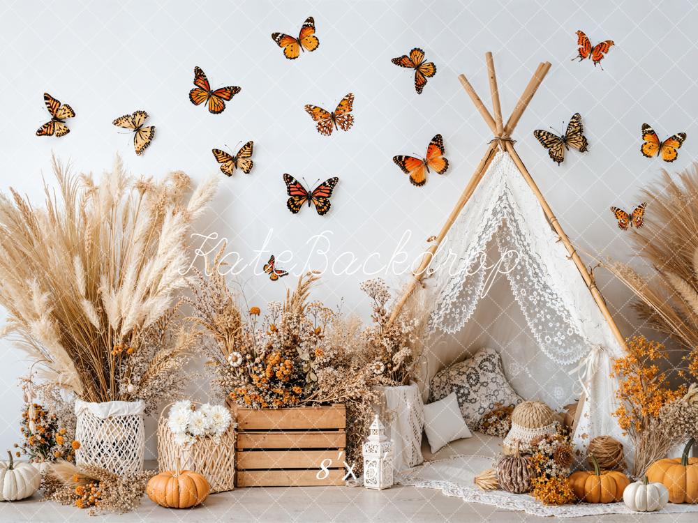 Kate Autumn Boho Teepee Butterflies Pumpkins Backdrop Designed by Emetselch - Kate Backdrop AU