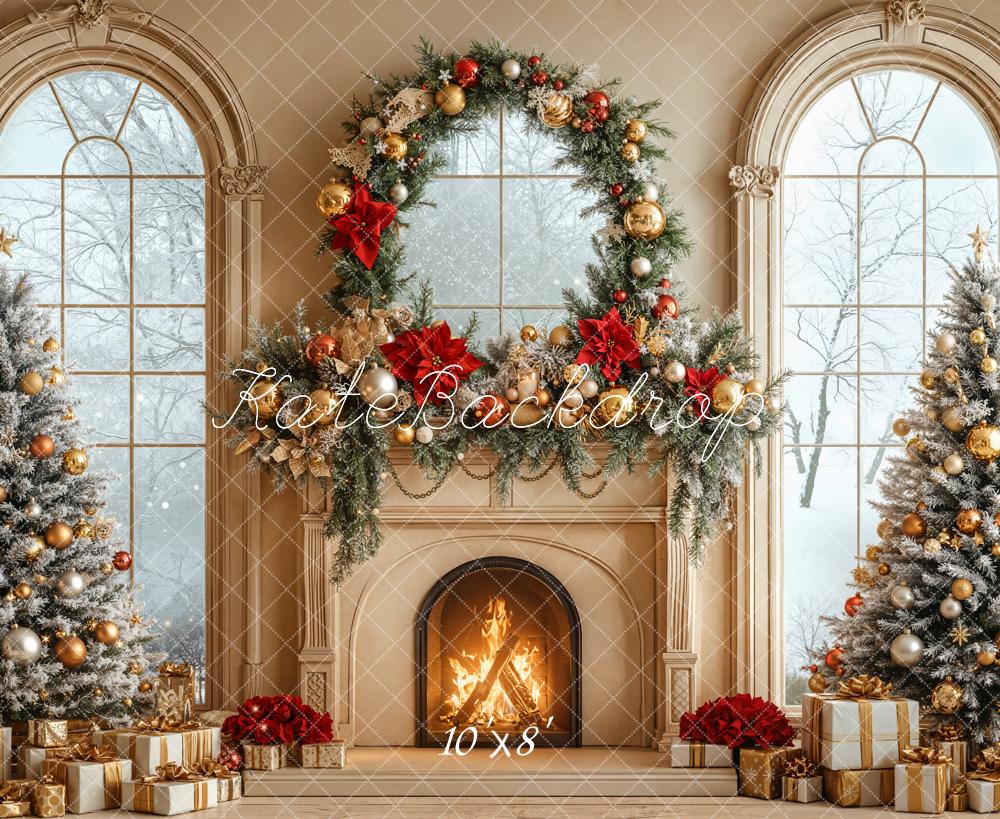 Kate Christmas Fireplace Wreath Windows Fleece Backdrop Designed by Emetselch - Kate Backdrop AU