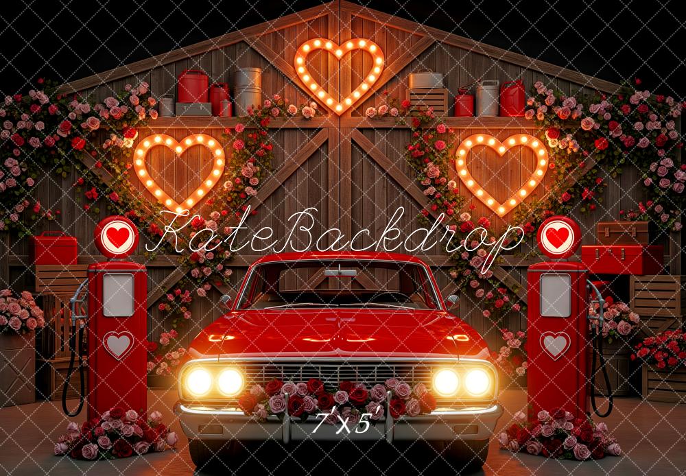 Kate Valentine Red Car Petrol Pumps Lighted Hearts Backdrop Designed by Patty Roberts