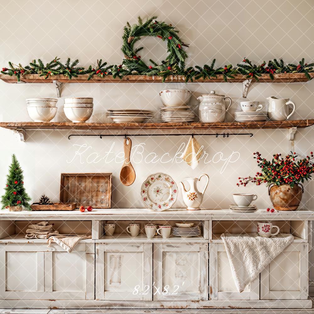 Kate Christmas Kitchen Shelves Rustic Decor Backdrop Designed by Emetselch - Kate Backdrop AU