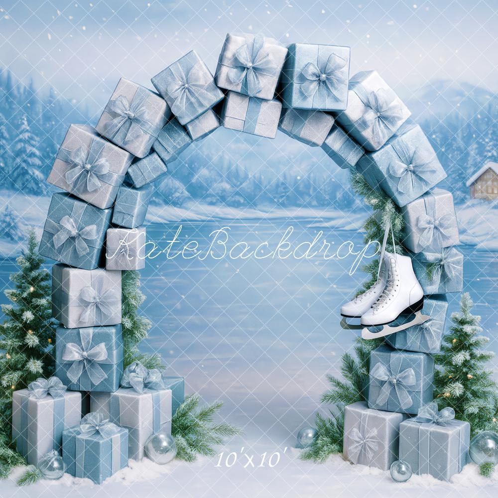 Kate Christmas Gift Arch Ice Skates Snowy Backdrop Designed by Patty Roberts - Kate Backdrop AU