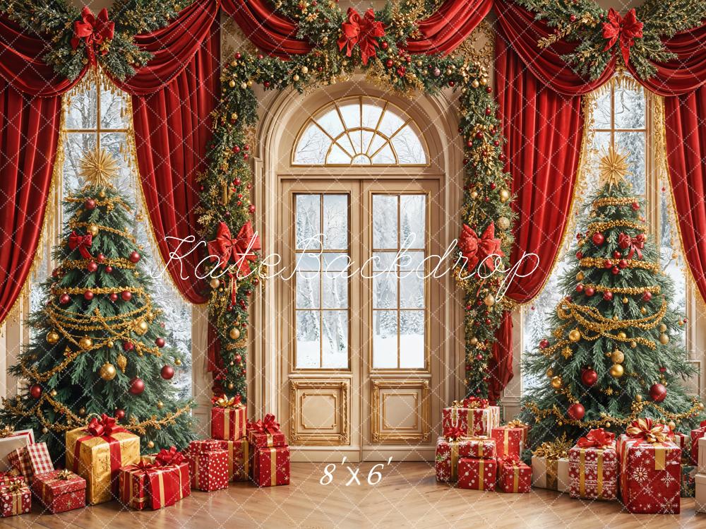 Kate Christmas Tree Red Curtains Window Fleece Backdrop Designed by Emetselch