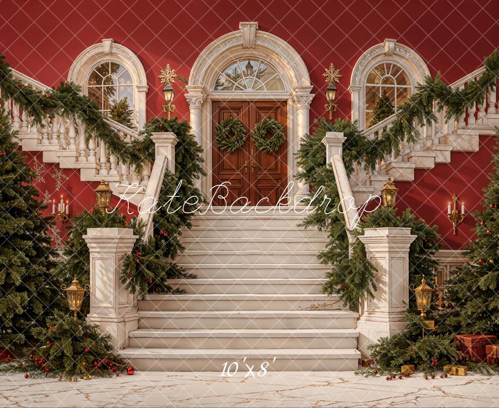 Kate Christmas Trees Stairs Garland Fleece Backdrop Designed by Emetselch - Kate Backdrop AU