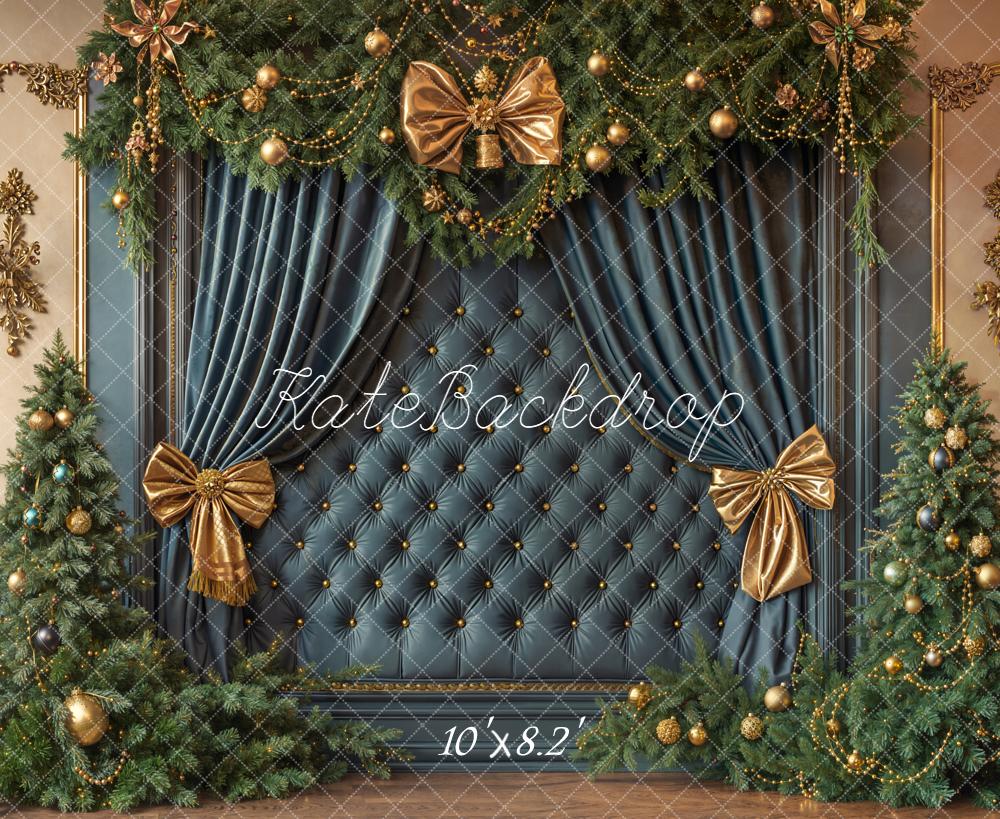 Kate Christmas Trees Bows Blue Wall Backdrop Designed by Emetselch