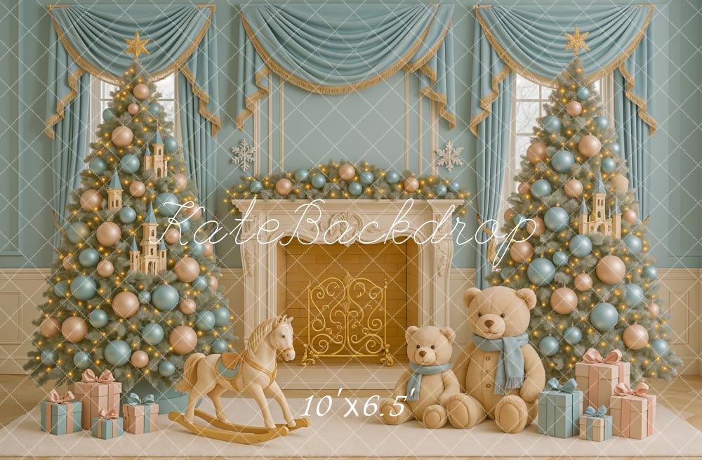Kate Christmas Trees Fireplace Presents Backdrop Designed by Ashley Paul