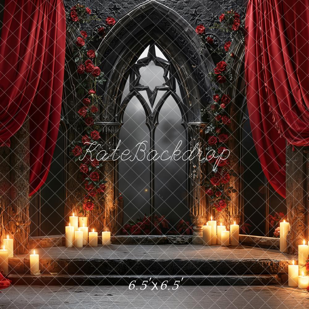 Kate Gothic Arch Red Drapes Roses Candles Backdrop Designed by Emetselch