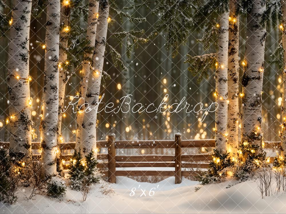 Kate Winter Snowy Birch Trees Lights Fence Fleece Backdrop Designed by Emetselch - Kate Backdrop AU