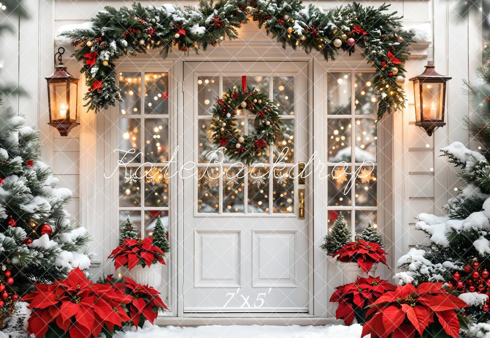 Kate Christmas Snowy Door Wreath Poinsettias Backdrop Designed by Emetselch