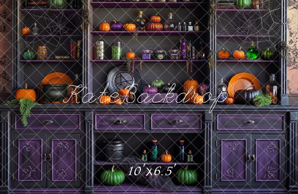 Kate Halloween Cabinet Pumpkins Spider Webs Purple Backdrop Designed by Mandy Ringe - Kate Backdrop AU