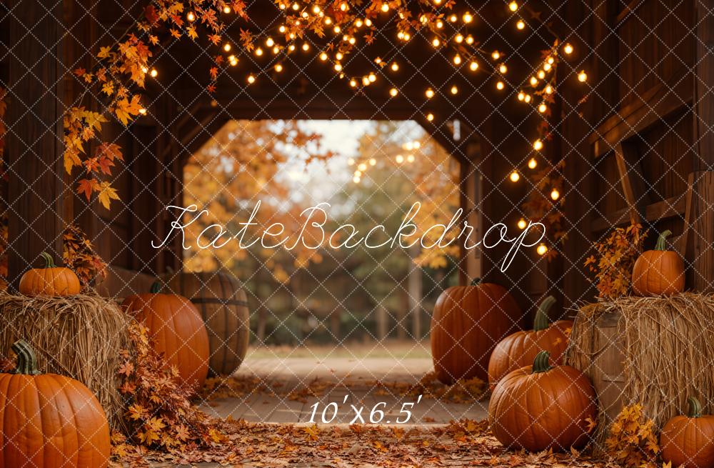Kate Autumn Pumpkins Hay Barn Lights Backdrop Designed by Emetselch