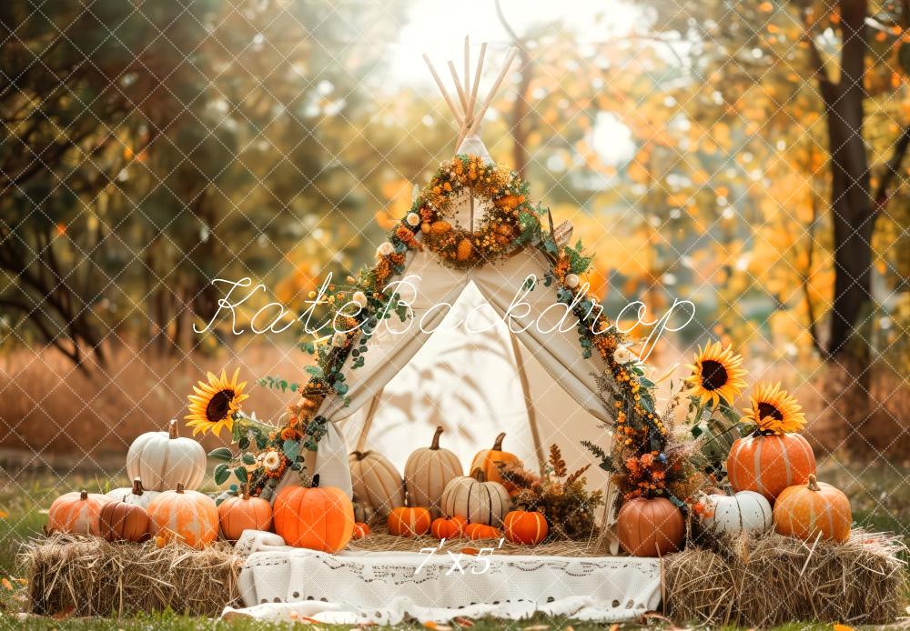 Kate Fall Teepee Pumpkins Sunflowers Backdrop Designed by Patty Roberts