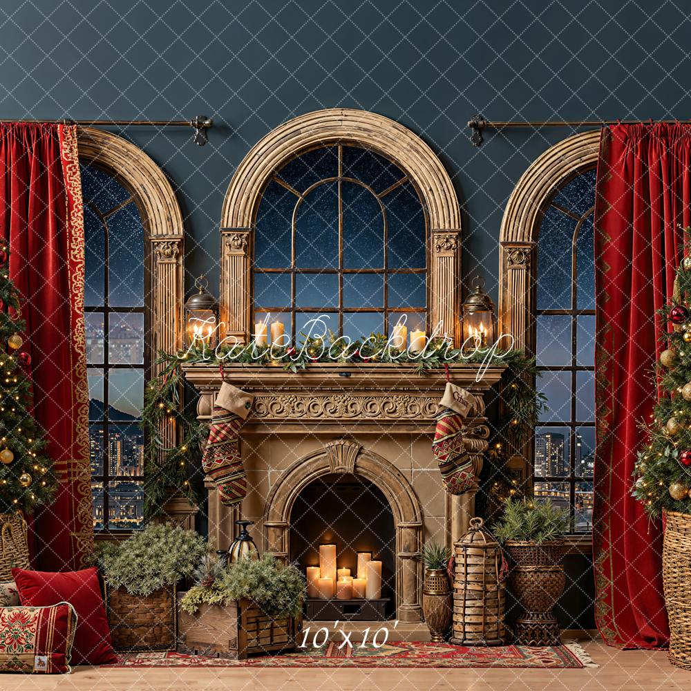 Kate Christmas Fireplace Windows Night Backdrop Designed by Emetselch - Kate Backdrop AU