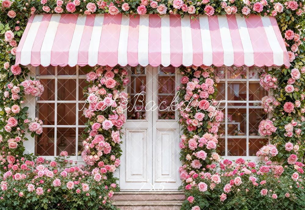 Kate Pink Rose Shopfront Striped Backdrop Designed by Emetselch