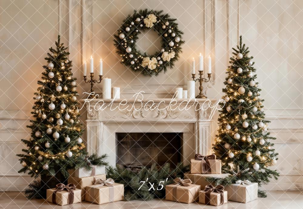 Kate Christmas Fireplace Trees Wreath Presents Backdrop Designed by Emetselch