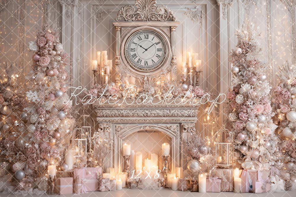 Kate Christmas Pink Trees Fireplace Clock Backdrop Designed by Ashley Paul