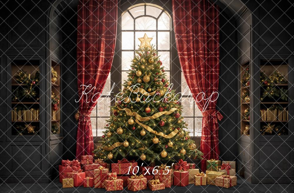 Kate Christmas Tree Presents Red Curtains Backdrop Designed by Emetselch - Kate Backdrop AU