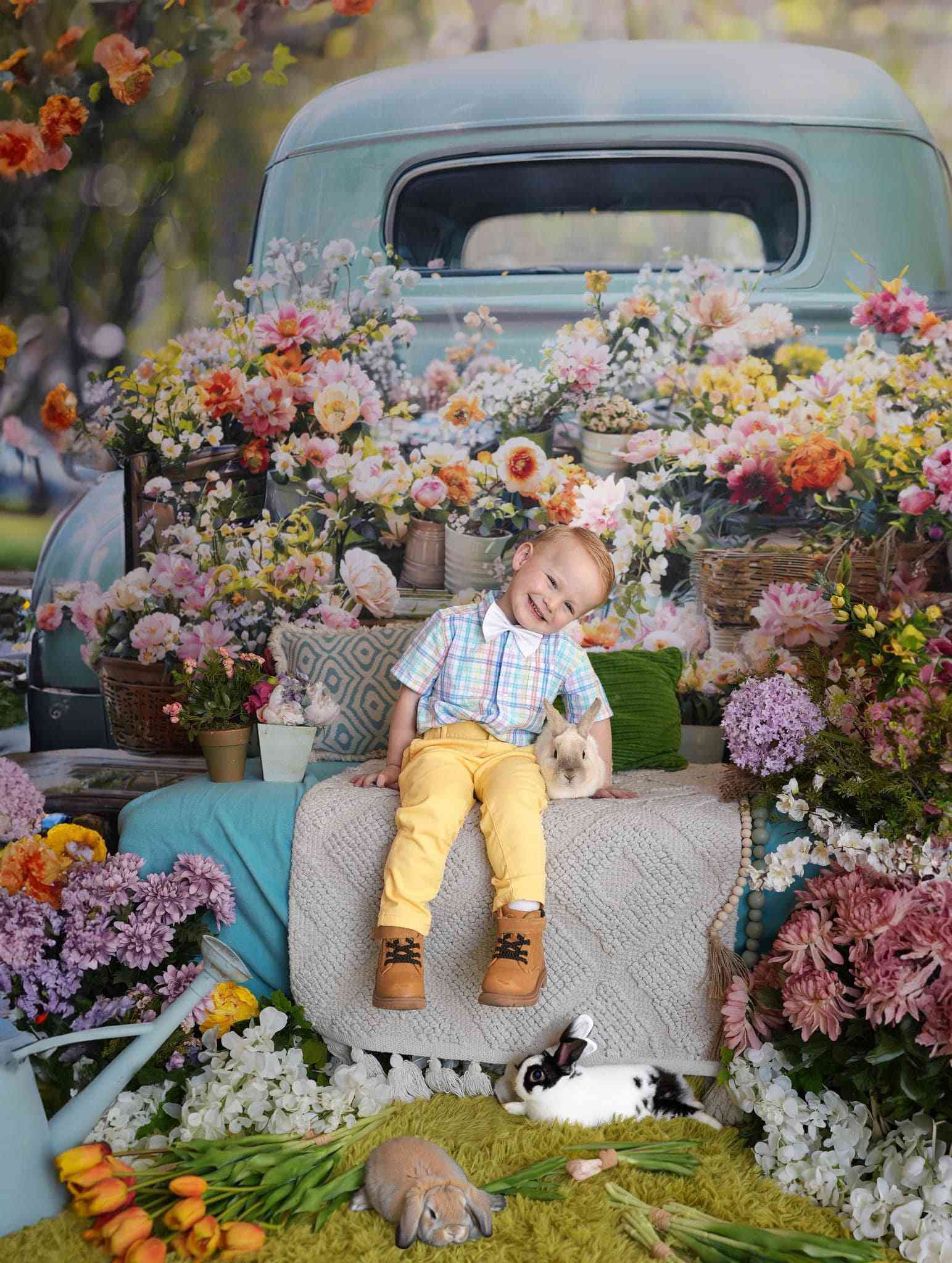Kate Spring Green Forest Truck Flowers Backdrop Designed by Emetselch - Kate Backdrop AU