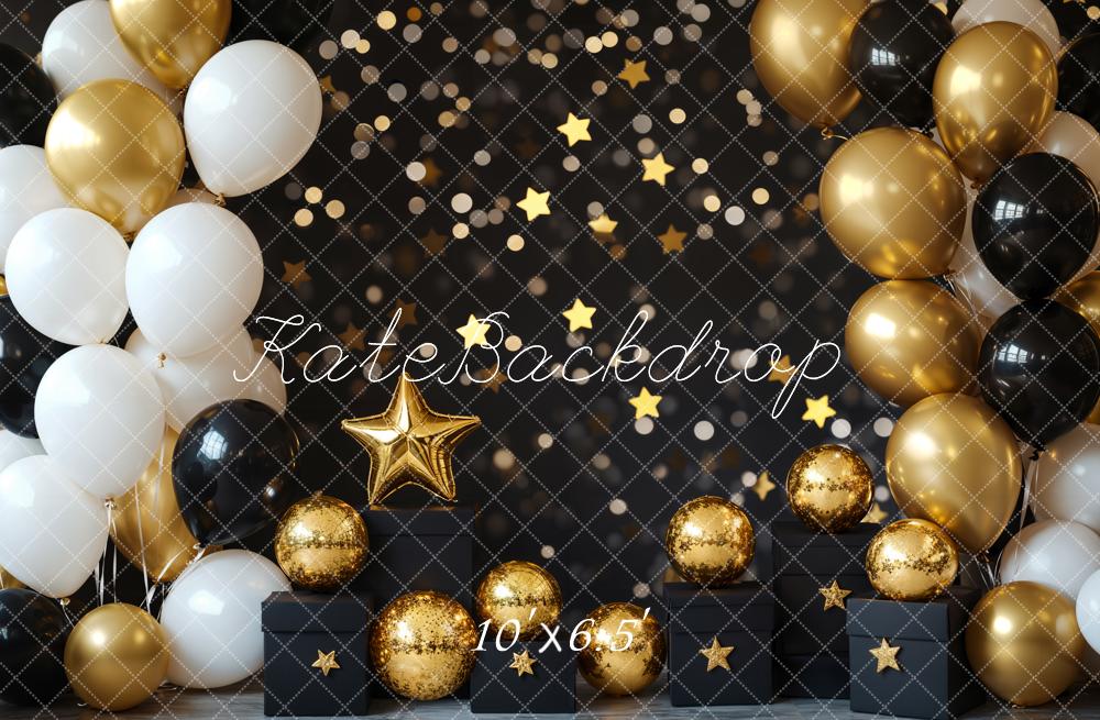 Kate Black Gold White Balloons Star Backdrop Designed by Emetselch