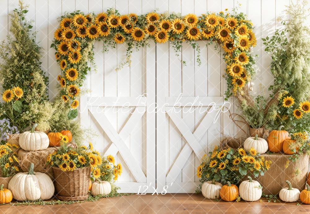 Kate Sunflower Arch Pumpkins White Barn Fleece Backdrop Designed by Emetselch