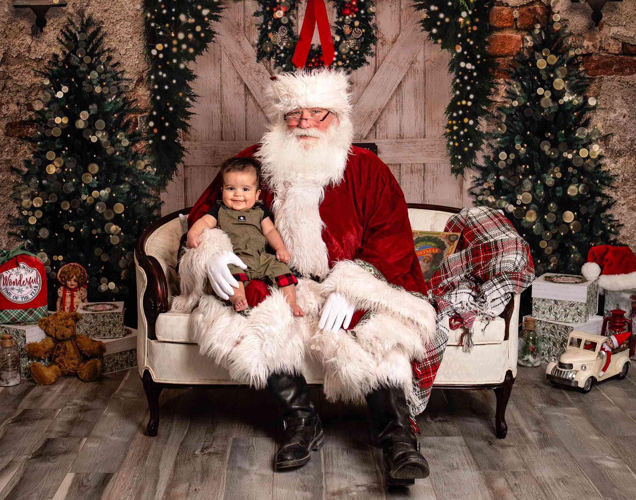 Kate Christmas Backdrop Brick Wall Door & Xmas Trees Designed By JS Photography