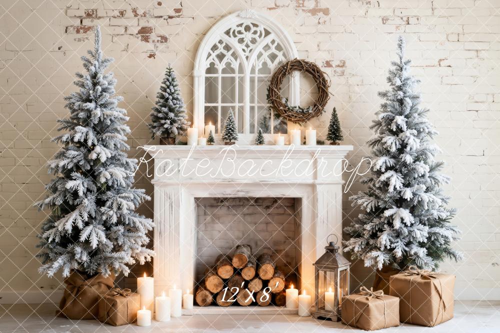 Kate Christmas Frosted Trees Fireplace Candles Backdrop Designed by Emetselch