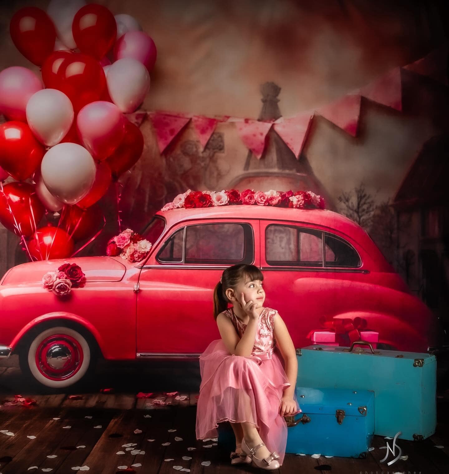 Kate Valentine's Day Pink Car Balloon Backdrop Designed by Emetselch - Kate Backdrop AU
