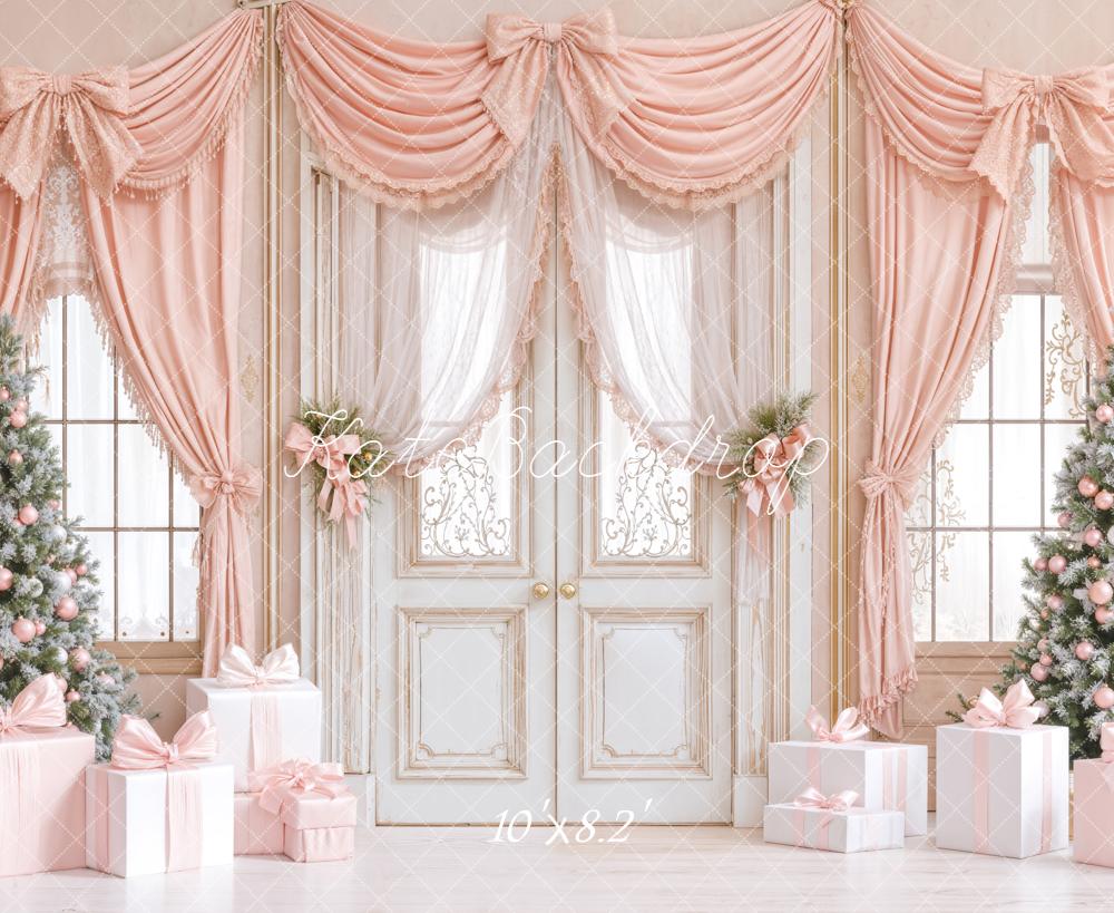 Kate Christmas Pink Curtains Presents Trees Backdrop Designed by Emetselch - Kate Backdrop AU