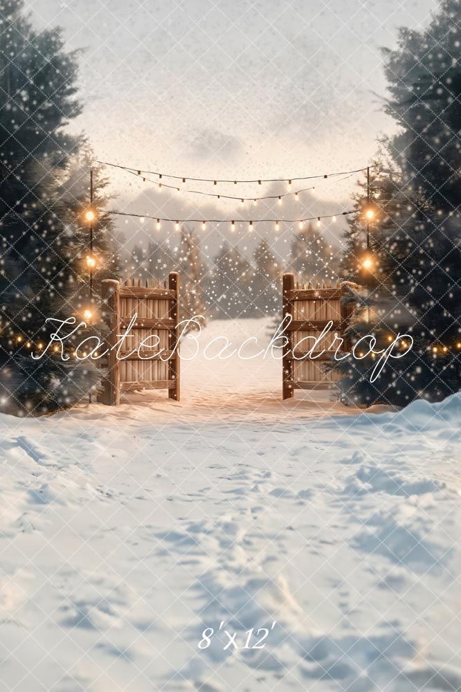 Kate Winter Snow Pine Trees Gate Fleece Backdrop Designed by Chain - Kate Backdrop AU